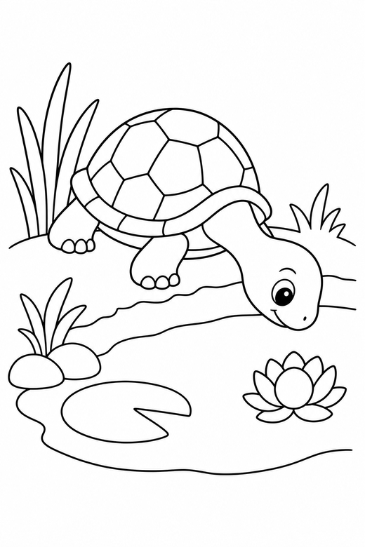 Baby turtle stretching by a pond: A tiny baby turtle stretching its neck out at the edge of a quiet pond, free printable coloring page