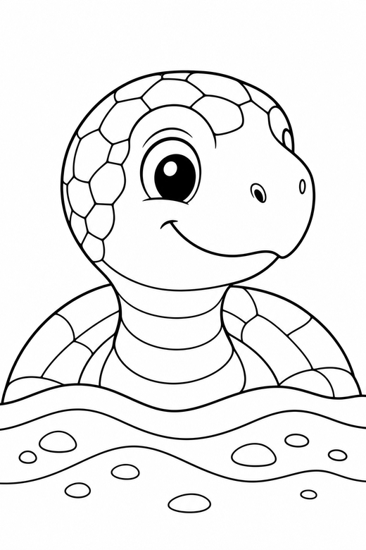 Turtle face on the sand: A close-up turtle head with a friendly eye on rippled sand, turned slightly to one side, free printable coloring page