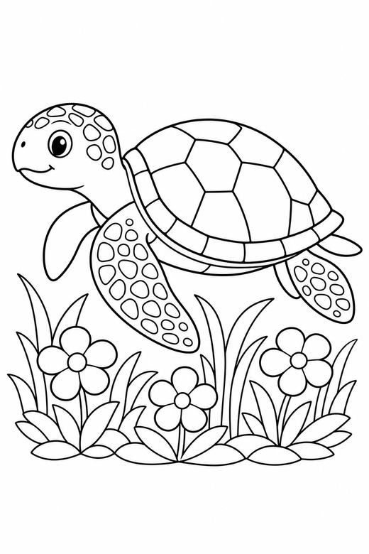 Sea turtle side view with flowers: A sea turtle with patterned flippers shown in side profile among low flowers and grass, free printable coloring page