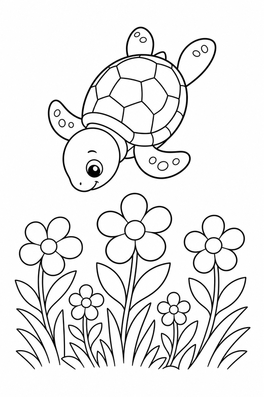 Baby turtle diving with flowers: A tiny baby turtle diving downward among low flowers and grass, free printable coloring page