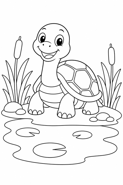 Smiling turtle sunning by a pond: A friendly cartoon turtle with a big smile sitting still with its head raised at the edge of a quiet pond, free printable coloring page