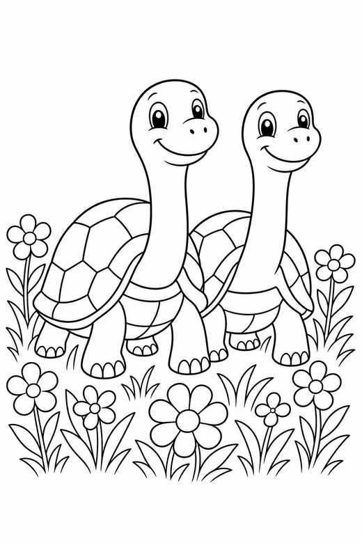 Two turtles stretching with flowers: Two turtles together stretching their neck out among low flowers and grass, free printable coloring page