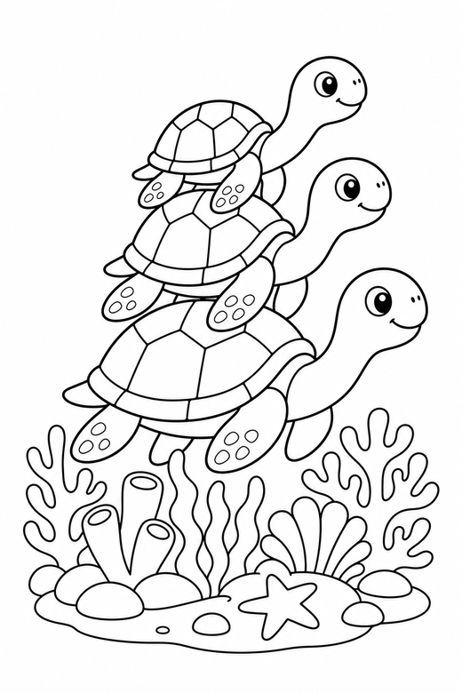 Stacked turtles stretching over a reef: Three turtles stacked one on another stretching their neck out above a coral reef, free printable coloring page
