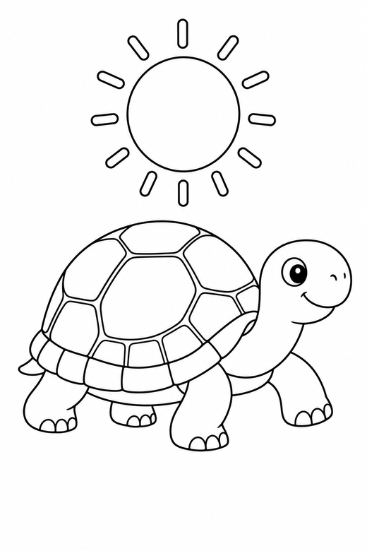 Tortoise walking under the sun: A land tortoise with a domed shell walking slowly forward under a bright round sun, free printable coloring page