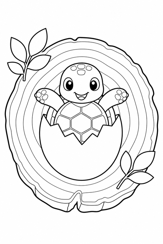 Hatchling turtle seen from above on a log: A turtle hatching from a cracked egg seen from directly above on a fallen log, free printable coloring page