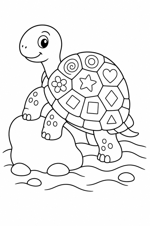 Patterned shell turtle climbing on the sand: A turtle whose shell is divided into patterned plates climbing over a low rock on rippled sand, free printable coloring page