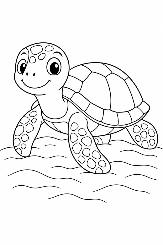 Sea turtle walking on the sand: A sea turtle with patterned flippers walking slowly forward on rippled sand, free printable coloring page
