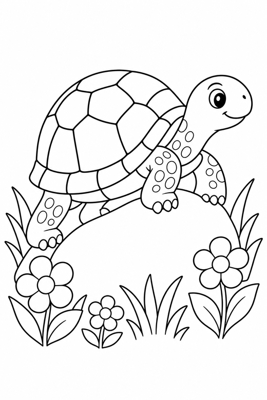 Box turtle climbing with flowers: A box turtle with a high rounded shell climbing over a low rock among low flowers and grass, free printable coloring page