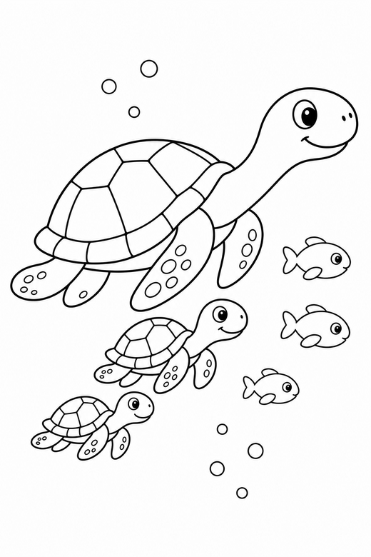 Turtle family stretching with fish: A large turtle with two small ones following stretching its neck out with small fish swimming past, free printable coloring page