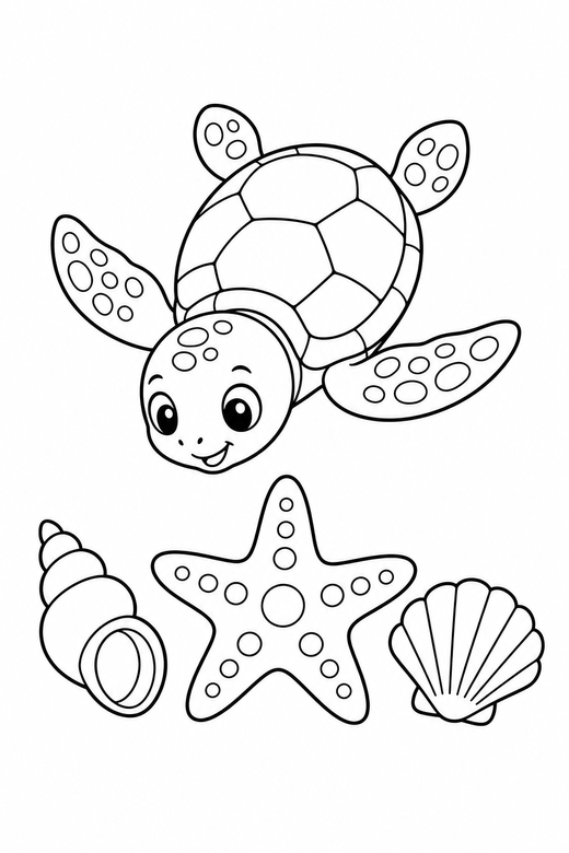Baby turtle diving near a starfish: A tiny baby turtle diving downward beside a starfish and two shells, free printable coloring page