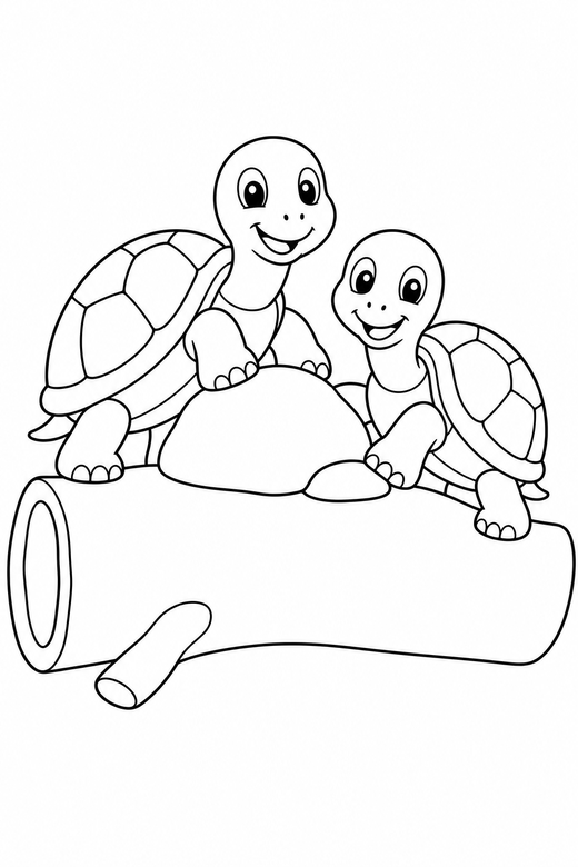 Two turtles climbing on a log: Two turtles together climbing over a low rock on a fallen log, free printable coloring page