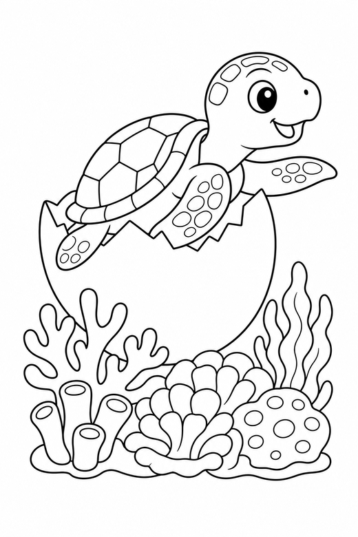 Hatchling turtle over a reef: A turtle hatching from a cracked egg shown in side profile above a coral reef, free printable coloring page