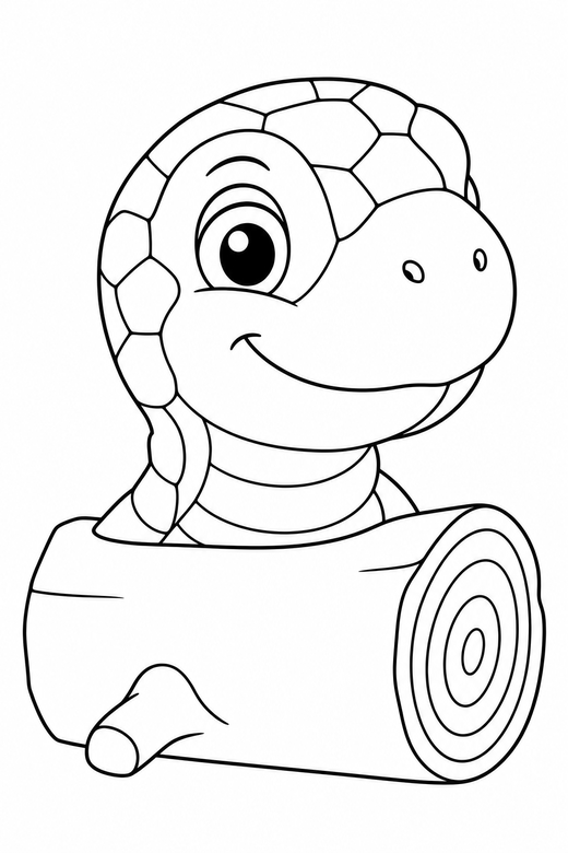 Turtle face on a log: A close-up turtle head with a friendly eye on a fallen log, turned slightly to one side, free printable coloring page