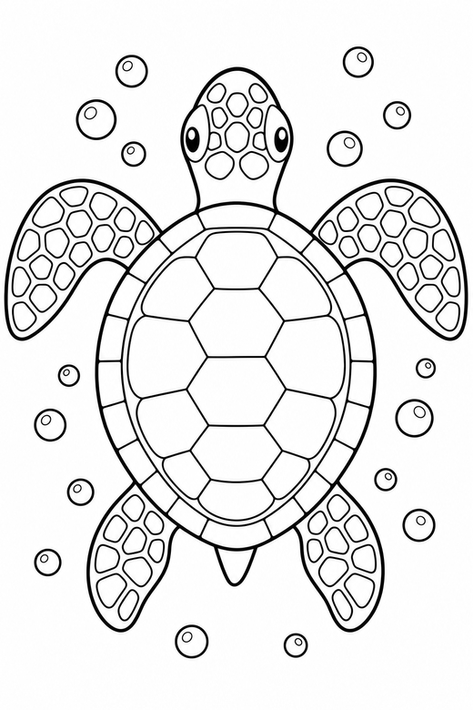 Sea turtle seen from above with bubbles: A sea turtle with patterned flippers seen from directly above with bubbles rising around it, free printable coloring page