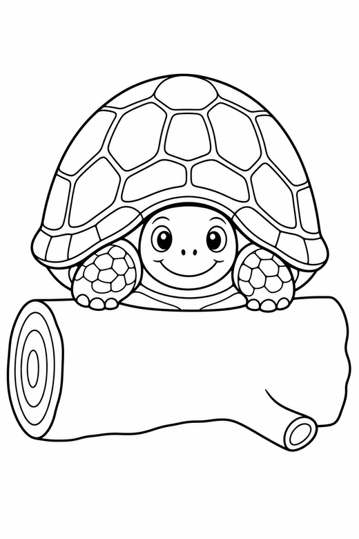 Box turtle peeking out on a log: A box turtle with a high rounded shell peeking out from its shell on a fallen log, free printable coloring page