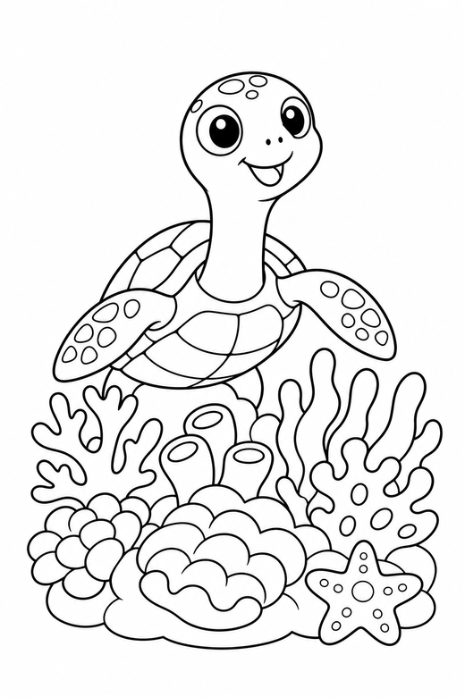 Baby turtle stretching over a reef: A tiny baby turtle stretching its neck out above a coral reef, free printable coloring page