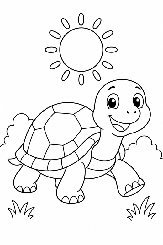 Smiling turtle walking under the sun: A friendly cartoon turtle with a big smile walking slowly forward under a bright round sun, free printable coloring page