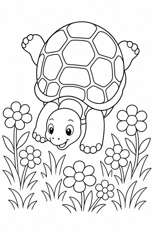 Tortoise diving with flowers: A land tortoise with a domed shell diving downward among low flowers and grass, free printable coloring page