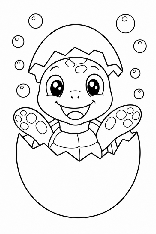 Hatchling turtle with bubbles: A turtle hatching from a cracked egg drawn large and close up with bubbles rising around it, free printable coloring page