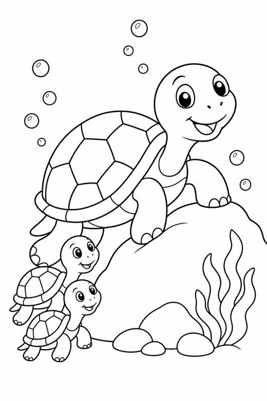 Turtle family climbing with bubbles: A large turtle with two small ones following climbing over a low rock with bubbles rising around it, free printable coloring page