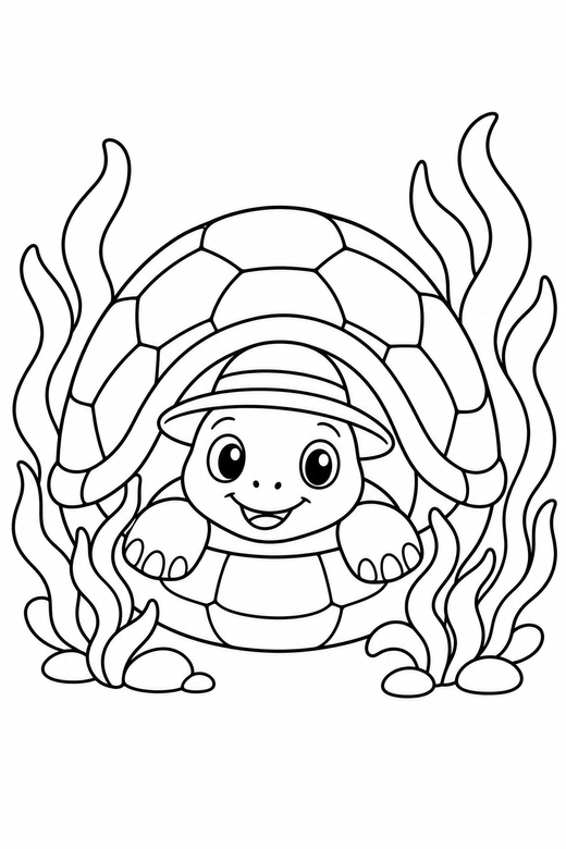 Turtle with a hat peeking out among seaweed: A turtle wearing a small sun hat peeking out from its shell among strands of seaweed, free printable coloring page