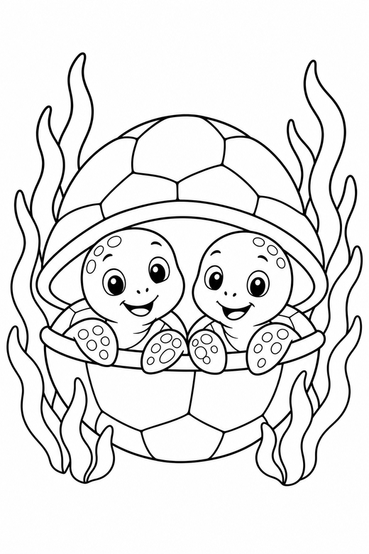 Two turtles peeking out among seaweed: Two turtles together peeking out from their shell among strands of seaweed, free printable coloring page