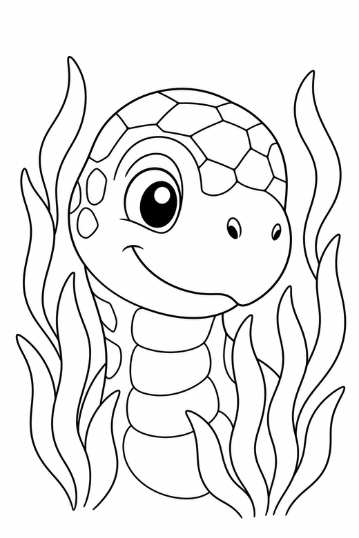 Turtle face among seaweed: A close-up turtle head with a friendly eye among strands of seaweed, turned slightly to one side, free printable coloring page