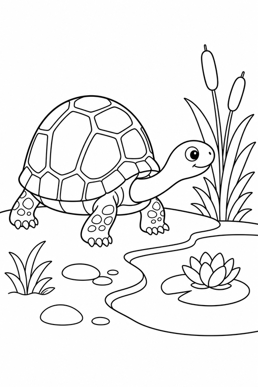 Box turtle stretching by a pond: A box turtle with a high rounded shell stretching its neck out at the edge of a quiet pond, free printable coloring page
