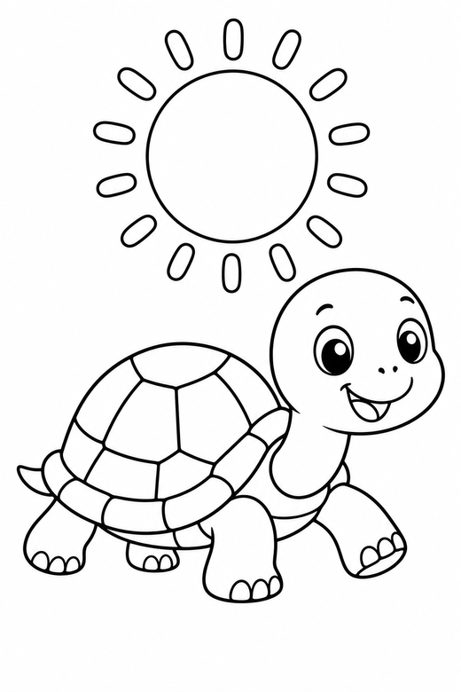 Baby turtle walking under the sun: A tiny baby turtle walking slowly forward under a bright round sun, free printable coloring page