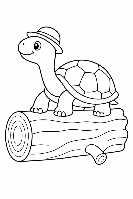 Turtle with a hat stretching on a log: A turtle wearing a small sun hat stretching its neck out on a fallen log, free printable coloring page