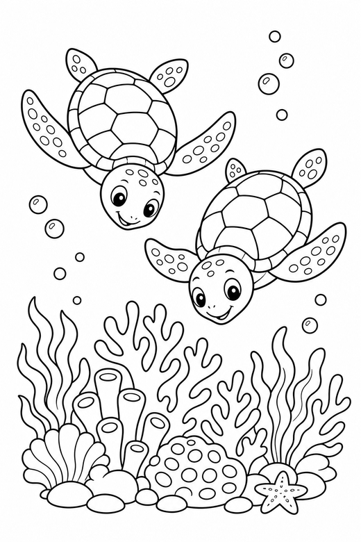 Two turtles diving over a reef: Two turtles together diving downward above a coral reef, free printable coloring page