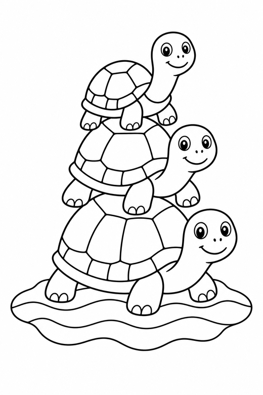 Stacked turtles sunning on the sand: Three turtles stacked one on another sitting still with their head raised on rippled sand, free printable coloring page