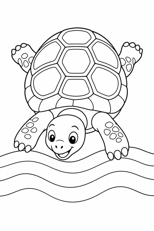 Tortoise diving on the sand: A land tortoise with a domed shell diving downward on rippled sand, free printable coloring page
