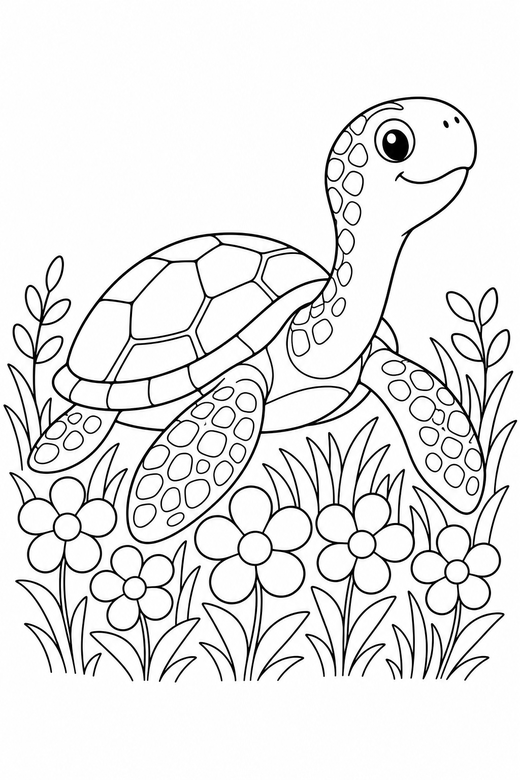 Sea turtle stretching with flowers: A sea turtle with patterned flippers stretching its neck out among low flowers and grass, free printable coloring page