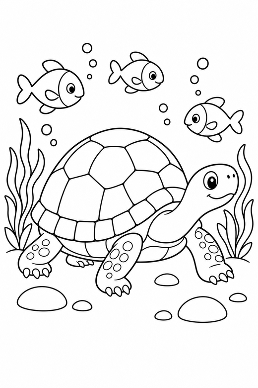 Box turtle walking with fish: A box turtle with a high rounded shell walking slowly forward with small fish swimming past, free printable coloring page