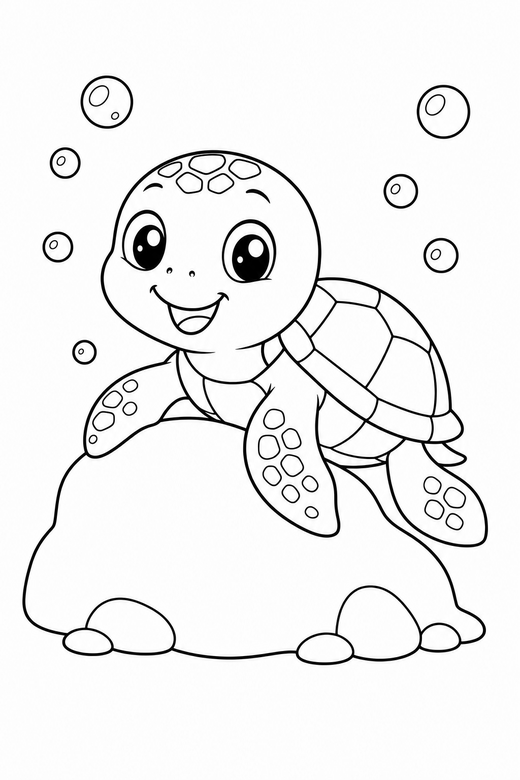 Baby turtle climbing with bubbles: A tiny baby turtle climbing over a low rock with bubbles rising around it, free printable coloring page
