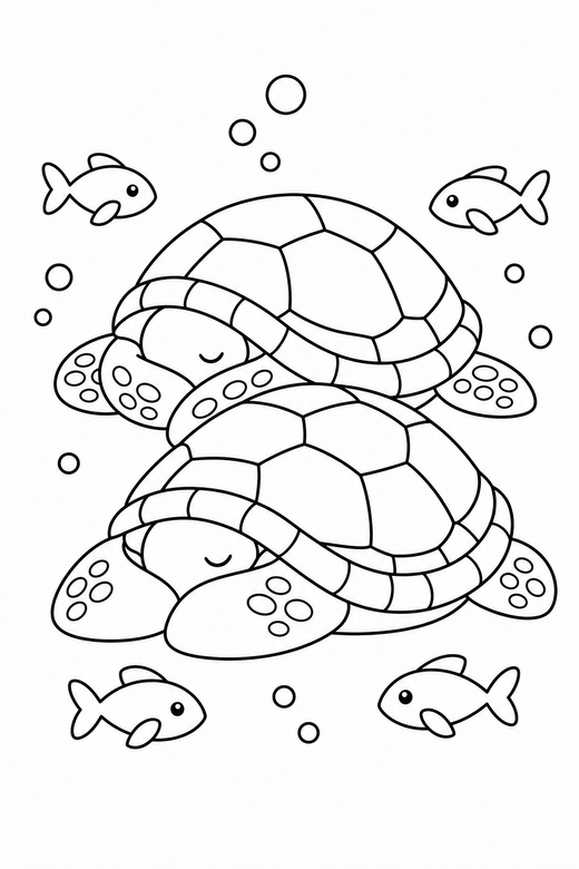 Two turtles resting with fish: Two turtles together resting with their head tucked in with small fish swimming past, free printable coloring page