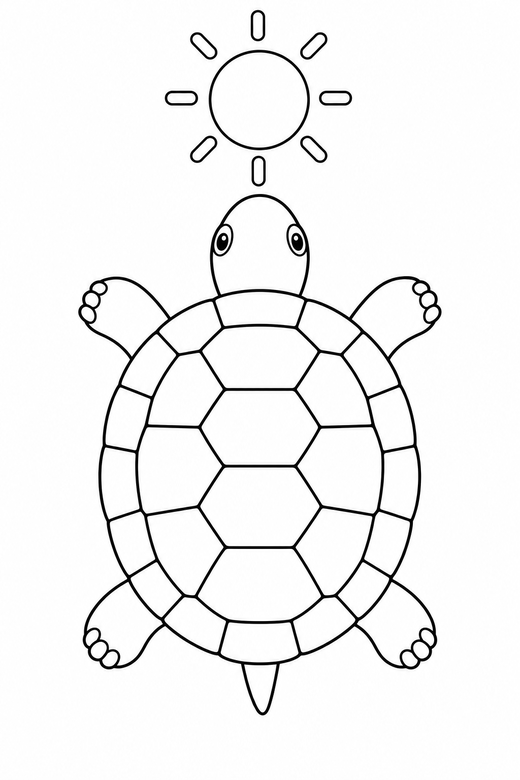 Tortoise seen from above under the sun: A land tortoise with a domed shell seen from directly above under a bright round sun, free printable coloring page