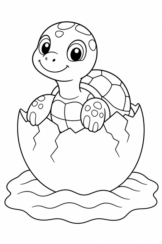 Hatchling turtle sunning on the sand: A turtle hatching from a cracked egg sitting still with its head raised on rippled sand, free printable coloring page