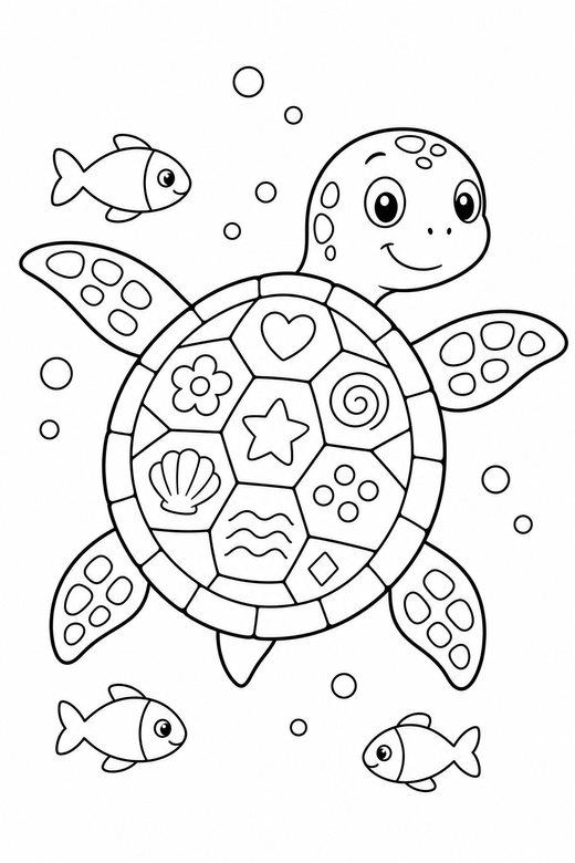 Patterned shell turtle swimming with fish: A turtle whose shell is divided into patterned plates swimming with its flippers spread with small fish swimming past, free printable coloring page