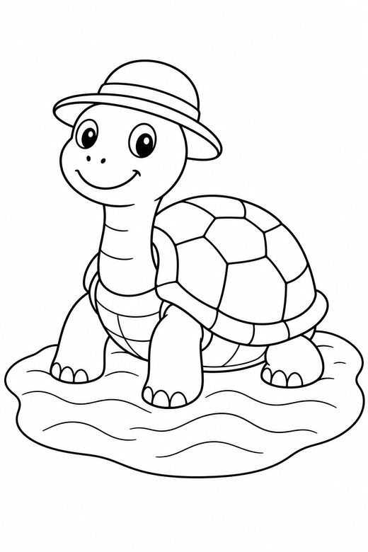 Turtle with a hat sunning on the sand: A turtle wearing a small sun hat sitting still with its head raised on rippled sand, free printable coloring page