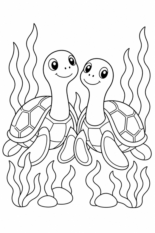 Two turtles sunning among seaweed: Two turtles together sitting still with their head raised among strands of seaweed, free printable coloring page