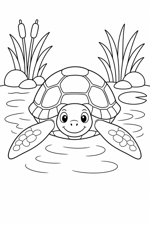 Tortoise swimming by a pond: A land tortoise with a domed shell swimming with its flippers spread at the edge of a quiet pond, free printable coloring page
