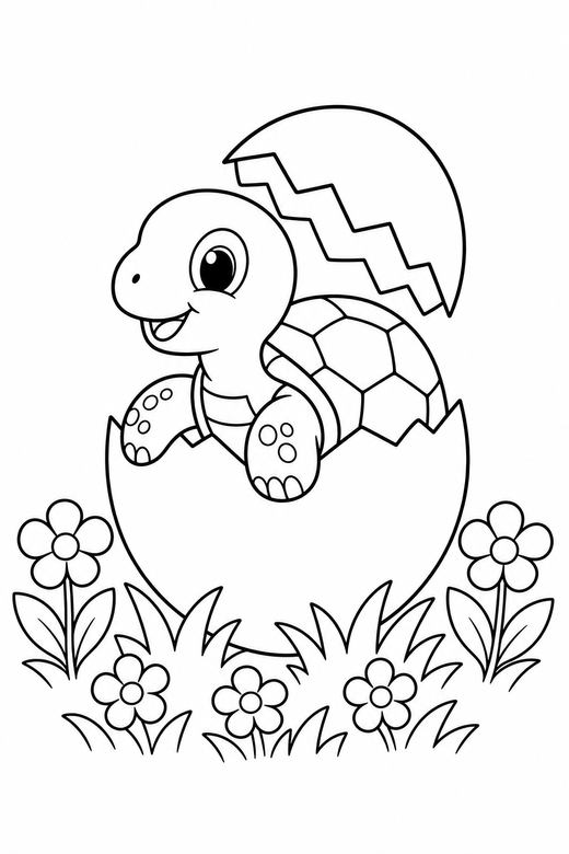 Hatchling turtle with flowers: A turtle hatching from a cracked egg shown from the side among low flowers and grass, free printable coloring page
