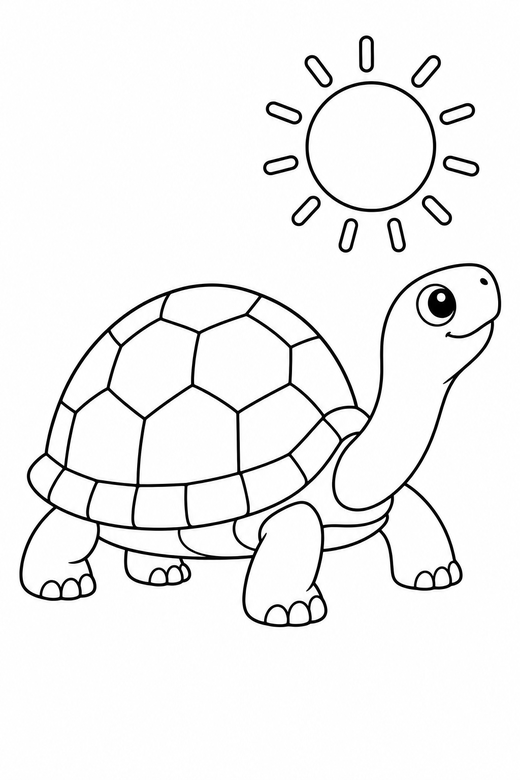 Box turtle stretching under the sun: A box turtle with a high rounded shell stretching its neck out under a bright round sun, free printable coloring page