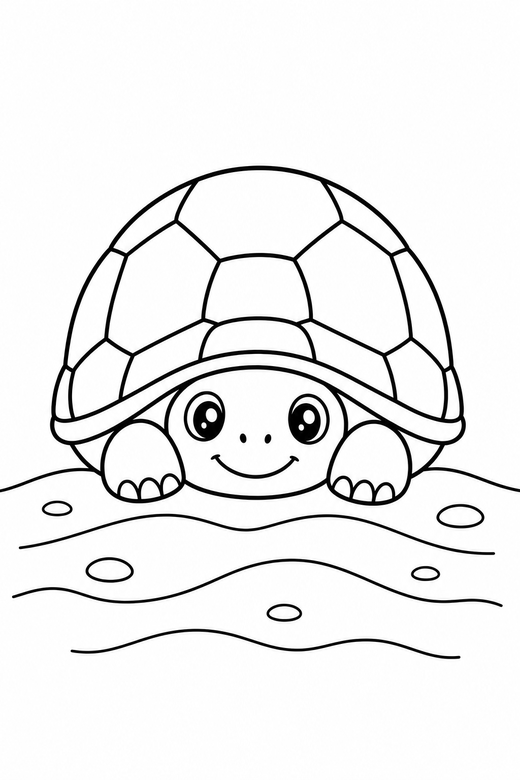 Baby turtle peeking out on the sand: A tiny baby turtle peeking out from its shell on rippled sand, free printable coloring page