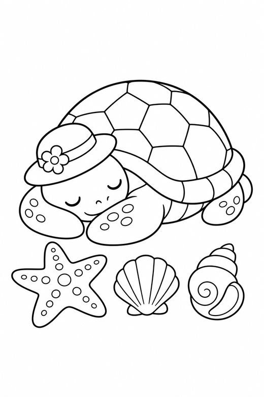 Turtle with a hat resting near a starfish: A turtle wearing a small sun hat resting with its head tucked in beside a starfish and two shells, free printable coloring page