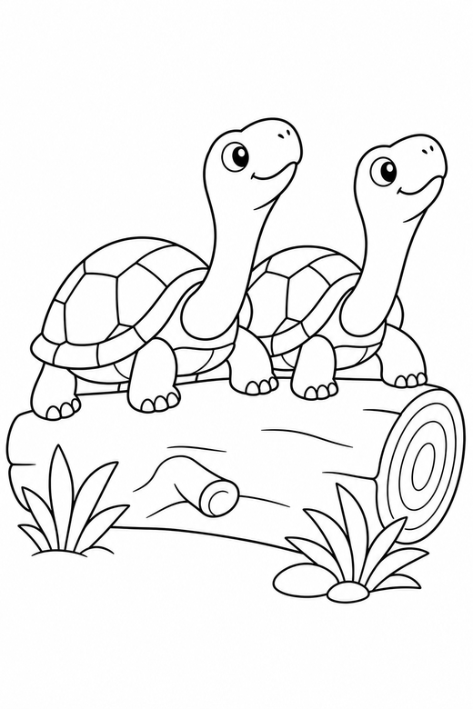 Two turtles stretching on a log: Two turtles together stretching their neck out on a fallen log, free printable coloring page