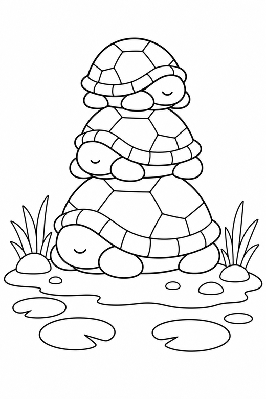Stacked turtles resting by a pond: Three turtles stacked one on another resting with their head tucked in at the edge of a quiet pond, free printable coloring page