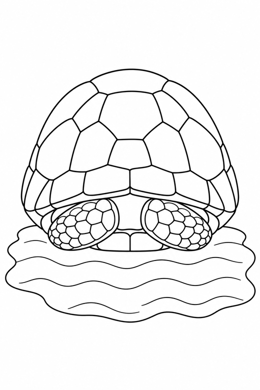 Tortoise resting on the sand: A land tortoise with a domed shell resting with its head tucked in on rippled sand, free printable coloring page